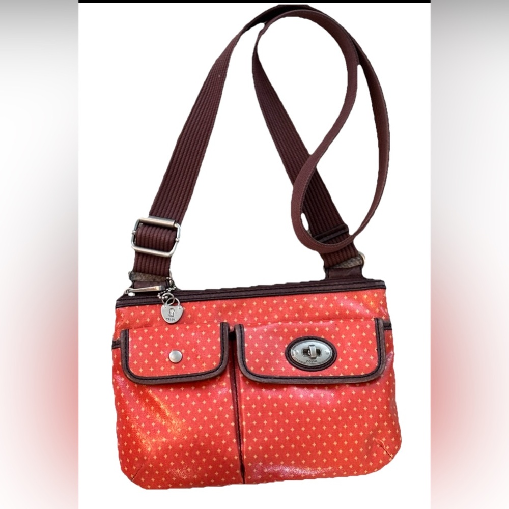 Fossil Coated Canvas Orange Polka Dot Crossbody Bag